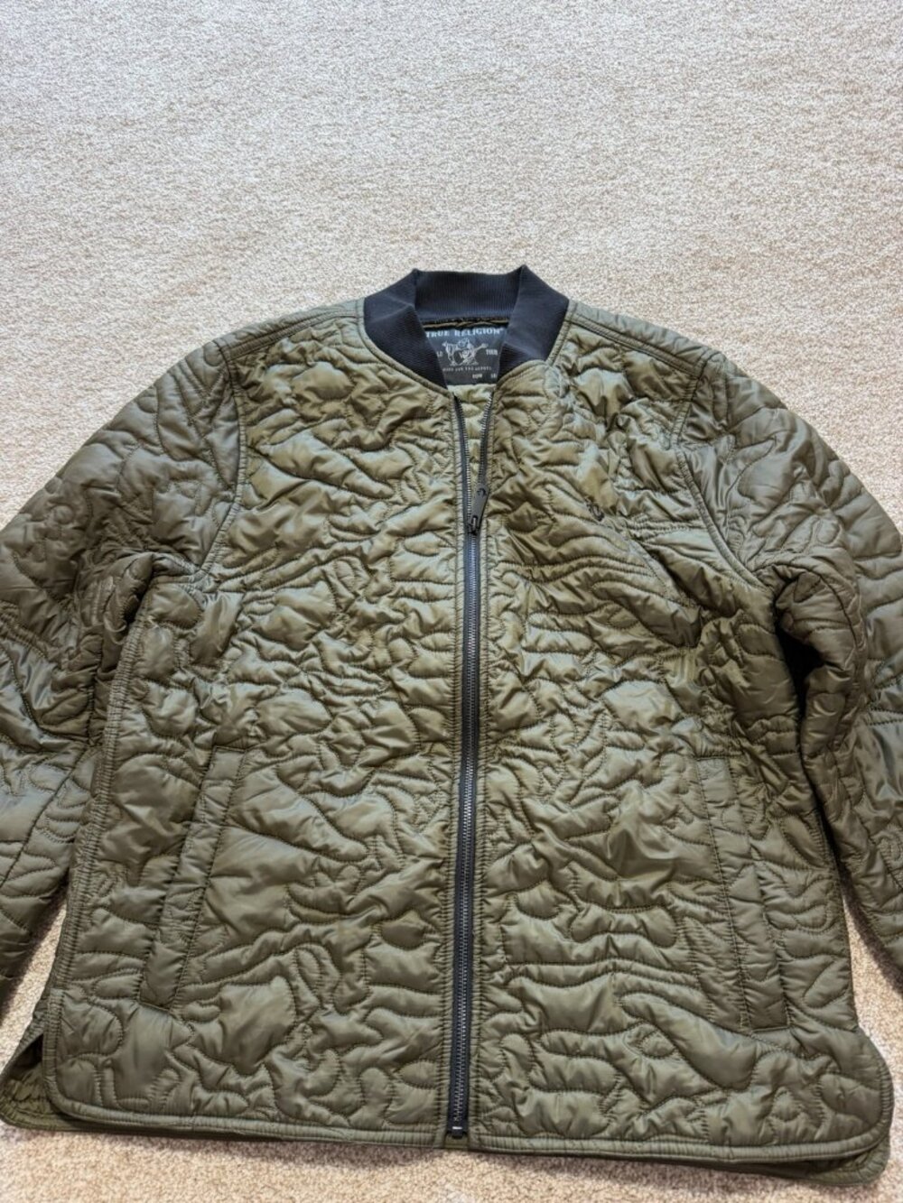 True Religion Liner Jacket Army Green Bomber Camo Quilted Men’s Size Large